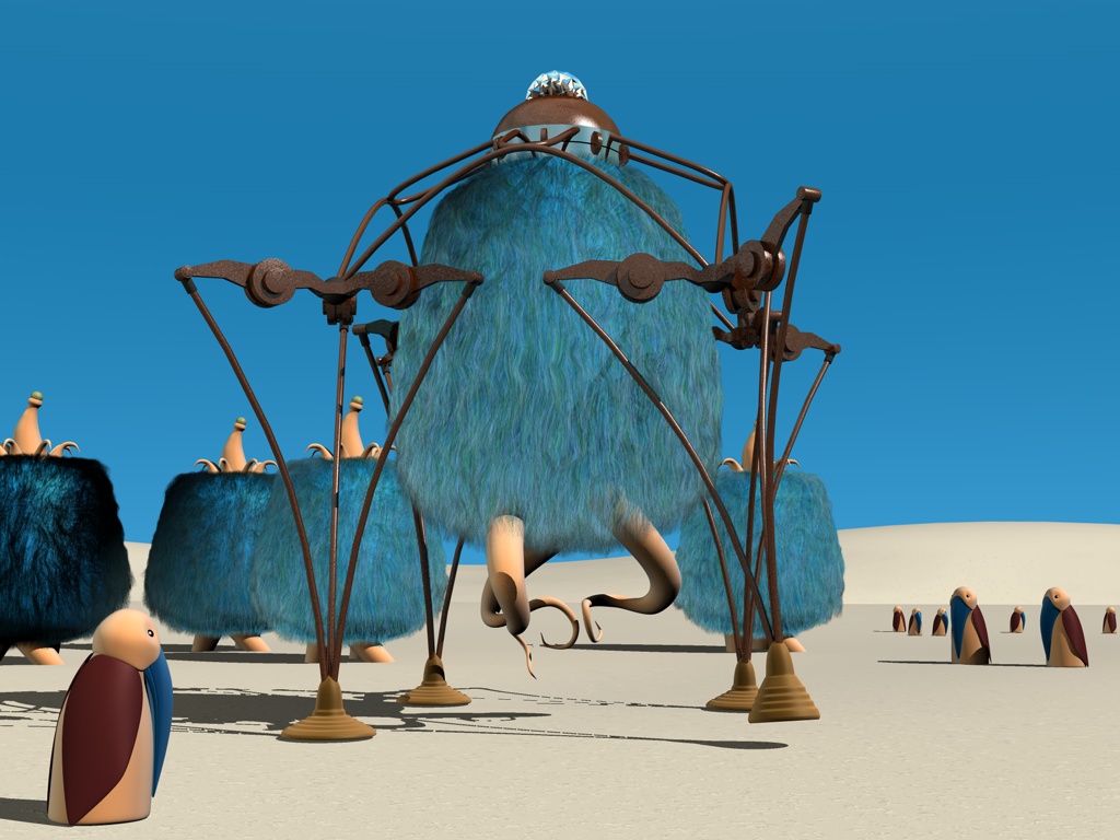 Sackförmigen Mittelteil mit blauen Haar-Fell und 4 langen Beinen in einer Wüste mit Pinguinartigen Vögeln, die Schnäbel bis zum Boden haben.